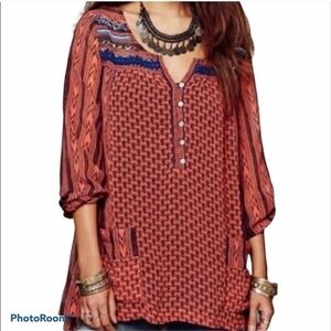 Free People Bohemian Lagenlook Oversized Sheer Tunic Top Embellished Blouse